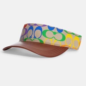NWT 𝅺COACH RAINBOW SIGNATURE COTTON/LEATHER VISOR NEW WITH TAG​​​​